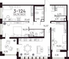 ЖК «Familia», планировка 3-комнатной квартиры, 125.10 м²
