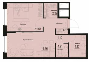 ЖК «ID Murino III», планировка 1-комнатной квартиры, 39.16 м²