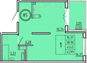 МЖК «Образцовый квартал 16», планировка 1-комнатной квартиры, 38.90 м²