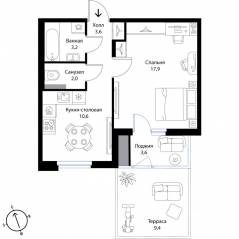 МЖК «Экография», планировка 1-комнатной квартиры, 41.90 м²