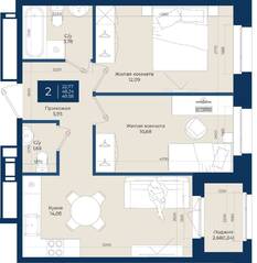 ЖК «Новатория», планировка 2-комнатной квартиры, 49.58 м²