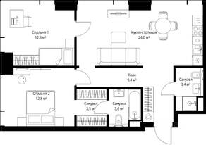 ЖК «Veer», планировка 2-комнатной квартиры, 69.50 м²