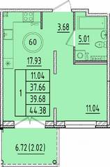МЖК «Образцовый квартал 17», планировка 1-комнатной квартиры, 37.66 м²