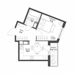 ЖК «Клюква.Парк», планировка 1-комнатной квартиры, 34.40 м²