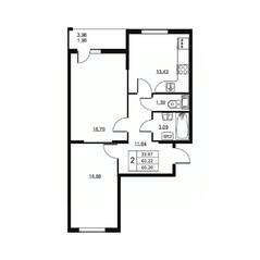 ЖК «Высота» (Бугры), планировка 2-комнатной квартиры, 65.20 м²