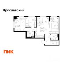 ЖК «Ярославский», планировка 3-комнатной квартиры, 70.50 м²