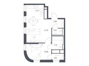ЖК «Квартал на воде», планировка 1-комнатной квартиры, 41.37 м²