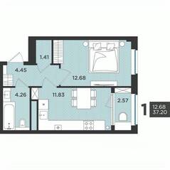 МЖК «Новокасимово», планировка 1-комнатной квартиры, 37.20 м²