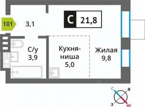 ЖК «Лесная Отрада», планировка студии, 21.80 м²