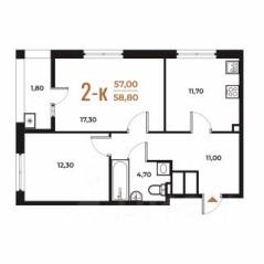 ЖК «Новое Летово», планировка 2-комнатной квартиры, 58.80 м²