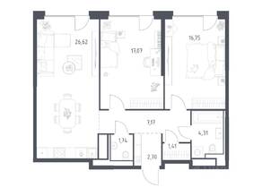 ЖК «Квартал на воде», планировка 2-комнатной квартиры, 77.77 м²
