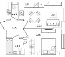 ЖК «Кинопарк», планировка 1-комнатной квартиры, 33.03 м²