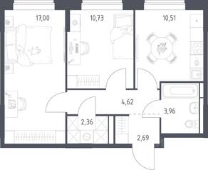 ЖК «Богдановский Лес», планировка 2-комнатной квартиры, 51.87 м²