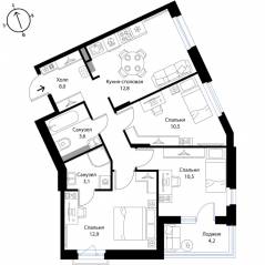 МЖК «Экография», планировка 3-комнатной квартиры, 63.50 м²