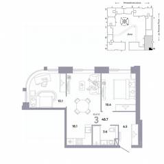ЖК «Страна.Заречная», планировка 3-комнатной квартиры, 48.70 м²