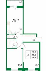ЖК «Орловский бульвар», планировка 2-комнатной квартиры, 66.30 м²