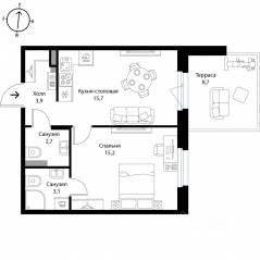 МЖК «Экография», планировка 1-комнатной квартиры, 43.20 м²