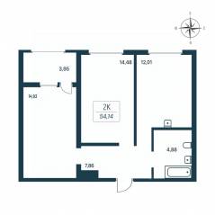 ЖК «Расцветай в Янино», планировка 2-комнатной квартиры, 55.30 м²
