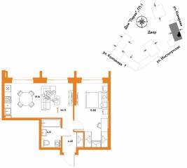 ЖК «Страна.Парковая», планировка 1-комнатной квартиры, 44.13 м²