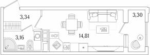 ЖК «Гранат», планировка студии, 22.96 м²