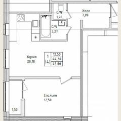 ЖК «Этала», планировка 1-комнатной квартиры, 45.80 м²