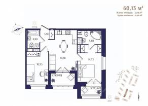 ЖК «Ranta Residence», планировка 2-комнатной квартиры, 60.13 м²