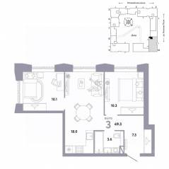 ЖК «Страна.Заречная», планировка 3-комнатной квартиры, 49.30 м²