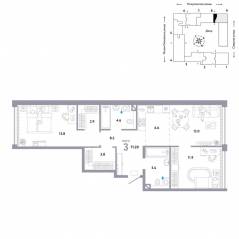 ЖК «Страна.Озерная», планировка 3-комнатной квартиры, 71.20 м²