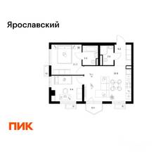 ЖК «Ярославский», планировка 2-комнатной квартиры, 51.40 м²