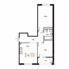 ЖК «Новое Летово», планировка 2-комнатной квартиры, 61.20 м²