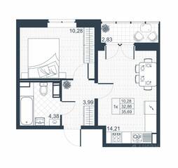 ЖК «Ново-Антропшино», планировка 1-комнатной квартиры, 34.28 м²