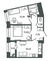 ЖК «Загляденье», планировка 2-комнатной квартиры, 49.99 м²