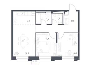 Апарт-комплекс «Верейская 41», планировка 2-комнатной квартиры, 57.97 м²