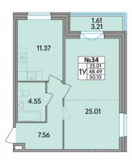 ЖК «Рождественский квартал», планировка 1-комнатной квартиры, 50.10 м²