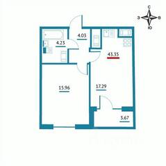 ЖК «Левитан», планировка 1-комнатной квартиры, 43.35 м²