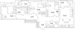 ЖК «Гранат», планировка 3-комнатной квартиры, 75.54 м²