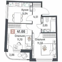 ЖК «Авиатор» (Девяткино), планировка 2-комнатной квартиры, 41.66 м²