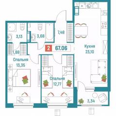 ЖК «Графика», планировка 2-комнатной квартиры, 67.06 м²
