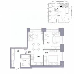 ЖК «Страна.Заречная», планировка 3-комнатной квартиры, 54.10 м²