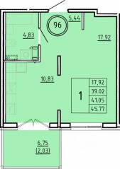 МЖК «Образцовый квартал 16», планировка 1-комнатной квартиры, 39.02 м²
