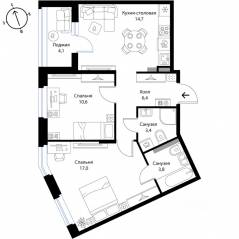 МЖК «Экография», планировка 2-комнатной квартиры, 58.00 м²
