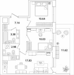 ЖК «БелАрт», планировка 2-комнатной квартиры, 54.80 м²