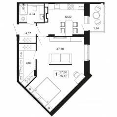ЖК «Времена года», планировка 1-комнатной квартиры, 55.42 м²
