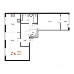 ЖК «Новое Летово», планировка 2-комнатной квартиры, 68.40 м²