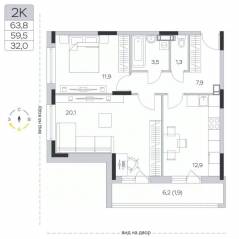 ЖК «Пироговская Ривьера», планировка 2-комнатной квартиры, 59.80 м²