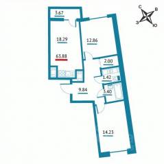 ЖК «Левитан», планировка 2-комнатной квартиры, 63.88 м²