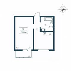 ЖК «Расцветай в Янино», планировка 1-комнатной квартиры, 35.40 м²
