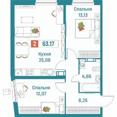 ЖК «Графика», планировка 2-комнатной квартиры, 63.17 м²