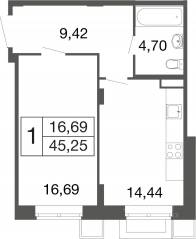 ЖК «Времена года», планировка 1-комнатной квартиры, 45.25 м²