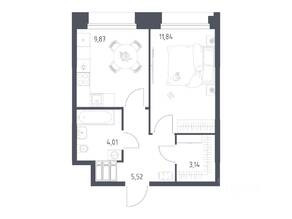 Апарт-комплекс «Тропарево парк», планировка 1-комнатной квартиры, 34.47 м²